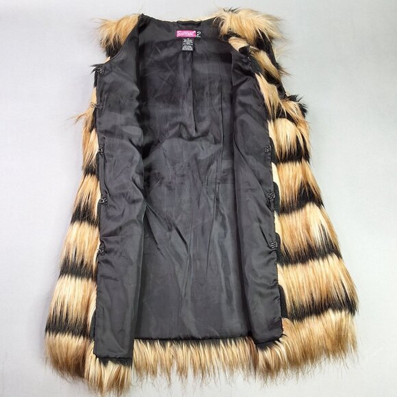 Faux Fur Striped Vest By Sawhat? Medium Black & Tan Lined Grunge Festival - Picture 5 of 8